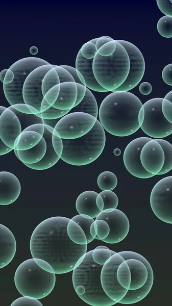 Dark background green mesh bubbles. Wallpaper, texture with bubble. 3D illustration