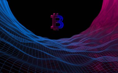 Soyut karanlık arka planda dijital para birimi sembolü Bitcoin. Kripto para piyasasının büyümesi. İş, finans ve teknoloji konsepti. 3d illüstrasyon