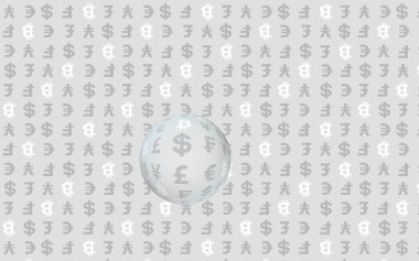 Gri arka planda Bitcoin ve para birimi. Dijital kripto para birimi sembolü. İş konsepti. Piyasa görüntüsü. 3B illüstrasyon