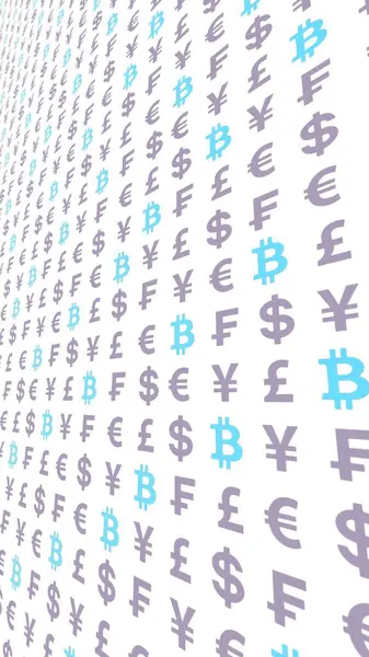 Bitcoin Und Währung Auf Weißem Hintergrund Symbol Für Die Digitale — Stockfoto