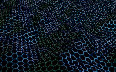 Petek mavi dalga etkisi koyu bir arka plan üzerinde. Çokgen in perspektif görünümü petek gibi görünüyor. Biyometrik geometri. 3d illüstrasyon