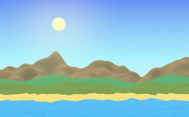 Sun Sea Sahili. Öğlen. Sahilde dalgalar olan okyanus kıyısı hattı. Dalgalı ada plajı cenneti. Tatil, yaz tatili, dinlenme. Deniz manzaralı, deniz manzaralı. Minimalist manzara, ilkellik. 3B illüstrasyon