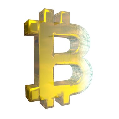 Bitcoin işareti, yeşil şebeke beyaz arka planda altına dönüşür. 3B illüstrasyon