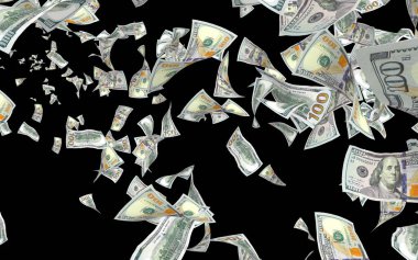 Dolar banknotlar uçan koyu arka plan üzerinde izole. Para havada uçuyor. 100 ABD banknotlar yeni örnek. 3D çizim