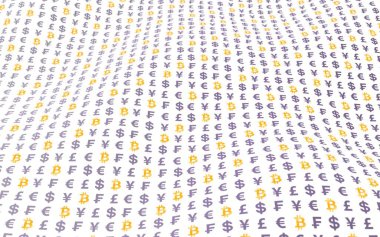 Beyaz arka planda Bitcoin ve para birimi. Dijital kripto para birimi sembolü. Dalga etkisi, döviz piyasası dalgalanmaları. İş konsepti. 3B illüstrasyon