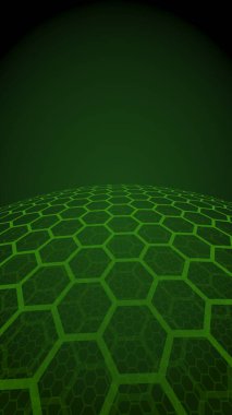 Bal peteklerinin çok katmanlı küresi, koyu arkaplanda sarı, sosyal ağ, bilgisayar ağı, teknoloji, küresel ağ. 3B illüstrasyon