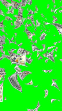 Kromakeyle izole edilmiş uçan dolar banknotları. Havada para uçuyor. 100 Amerikan doları yeni numune alıyor. Dikey oryantasyon. 3B illüstrasyon