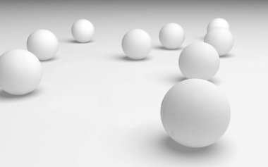 Beyaz soyut arka plan. Beyaz toplar beyaz arka planda izole edilmiş. 3B illüstrasyon