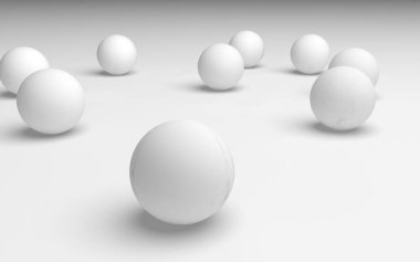 Beyaz soyut arka plan. Beyaz toplar beyaz arka planda izole edilmiş. 3B illüstrasyon