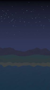 Yıldızlı aysız gökyüzü. Sahilde dalgalarla okyanus kıyısı. Dalgalar ile Ada plaj cenneti. Tatil, yaz, rahatlama. Deniz manzarası, deniz kıyısı. Minimalist manzara, ilkellik. 3d illüstrasyon