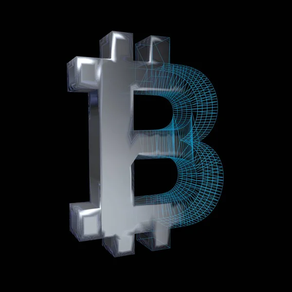 Znak Bitcoin Platyna Lub Srebro Zamienia Się Niebieską Siatkę Czarnym — Zdjęcie stockowe