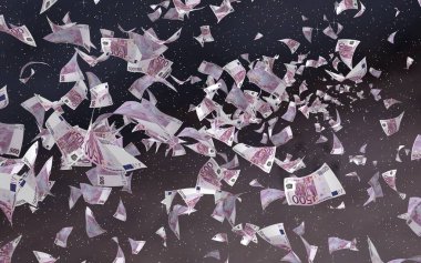 Uzay yıldızlı arka planda euro banknotları uçurmak. Uzayda para uçuyor. 500 EURO renkli. 3B illüstrasyon