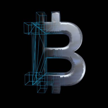 Bitcoin işareti, platin veya gümüş siyah bir arka plan üzerinde mavi bir ızgara dönüşür. 3d illüstrasyon