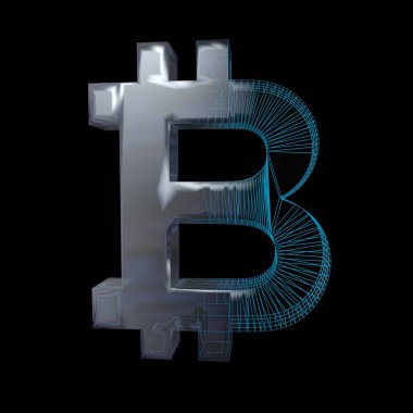 Bitcoin işareti, platin veya gümüş siyah bir arka plan üzerinde mavi bir ızgara dönüşür. 3d illüstrasyon