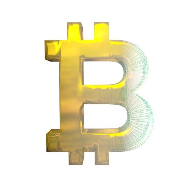 Bitcoin işareti, yeşil şebeke beyaz arka planda altına dönüşür. 3B illüstrasyon