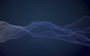 Mavi arka planda soyut bir manzara. Siber uzay şebekesi. Merhaba teknoloji ağı. 3 boyutlu teknoloji çizimi. 3B illüstrasyon