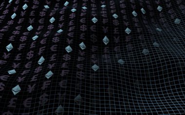 Ethereum kristal ve para karanlık bir arka plan üzerinde. Dijital kripto para birimi sembolü. İş konsepti. Piyasa Ekranı. 3d illüstrasyon