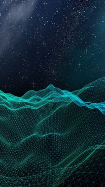 Karanlık bir arka plan üzerinde soyut manzara. Siber uzay şebekesi. merhaba teknoloji ağı. Uzay. Dikey yönlendirme. Yıldızlı dış uzay dokusu. 3d illüstrasyon