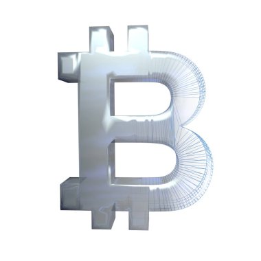 Bitcoin işareti, platin veya gümüş beyaz bir arka plan üzerinde mavi bir ızgara dönüşür. 3d illüstrasyon