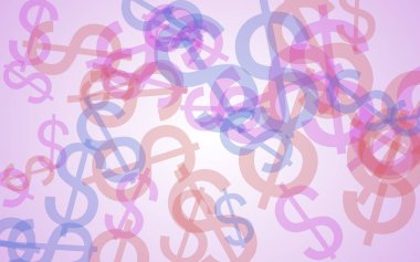 Beyaz arka planda saydam dolar işaretleri var. Kırmızı tonlar. 3B illüstrasyon