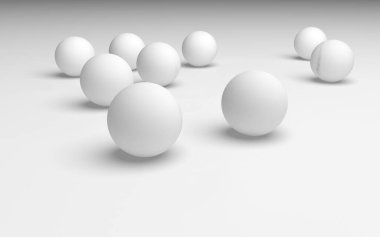 Beyaz soyut arka plan. Beyaz toplar beyaz arka planda izole edilmiş. 3B illüstrasyon