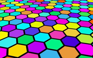 Petek çok renkli. Çokgen in perspektif görünümü petek gibi görünüyor. Biyometrik geometri. 3d illüstrasyon