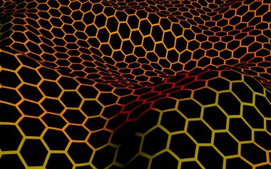 Petek dalga etkisi kırmızı sarı arka plan üzerinde. Çokgen in perspektif görünümü petek gibi görünüyor. Biyometrik geometri. 3d illüstrasyon