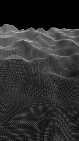 黒い背景に抽象的な灰色の風景 サイバースペースグリッド ハイテクネットワーク 3D技術イラスト 被写界深度 3Dイラスト — ストック写真