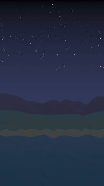 Yıldızlı aysız gökyüzü. Sahilde dalgalarla okyanus kıyısı. Dalgalar ile Ada plaj cenneti. Tatil, yaz, rahatlama. Deniz manzarası, deniz kıyısı. Minimalist manzara, ilkellik. 3d illüstrasyon