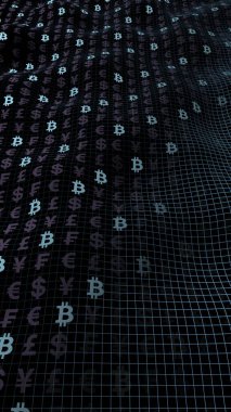 Bitcoin geçmişi. Şifreli para birimi 3 boyutlu illüstrasyon. Dijital para birimi sembolü. İş konsepti. Madencilik, geliştirme, kripto ticareti