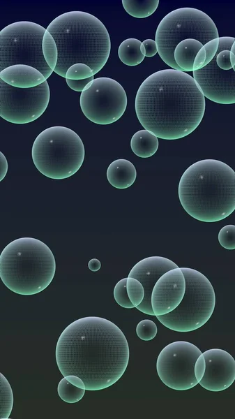 Dark background green mesh bubbles. Wallpaper, texture with bubble. 3D illustration