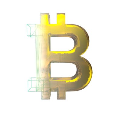 Bitcoin işareti, yeşil şebeke beyaz arka planda altına dönüşür. 3B illüstrasyon
