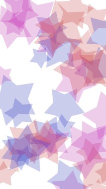 Beyaz arkaplanda çok renkli yarı saydam yıldızlar. Dikey görüntü yönlendirmesi. 3B illüstrasyon