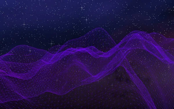 Abstract ultraviolet landscape on a dark background. Purple cyberspace grid. hi tech network. Outer space. Violet starry outer space texture. 3D illustration