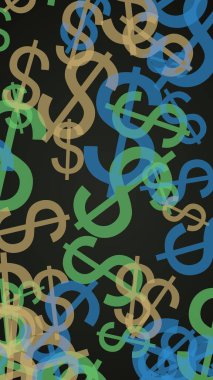 Koyu arka planda çok renkli yarı saydam dolar işaretleri. Yeşil tonları. 3d illüstrasyon