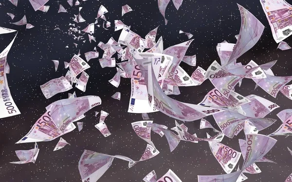 在外太空星光灿烂的背景上飞行的欧元钞票 在外层空间飞行的钱 500欧元的颜色 3D插图 — 图库照片