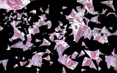Uçan euro banknotlar karanlık bir arka plan üzerinde izole. Havada para uçuşuyor. 500 Euro renkli. 3d illüstrasyon