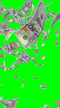 Kromakeyle izole edilmiş uçan dolar banknotları. Havada para uçuyor. 100 Amerikan doları yeni numune alıyor. Dikey oryantasyon. 3B illüstrasyon