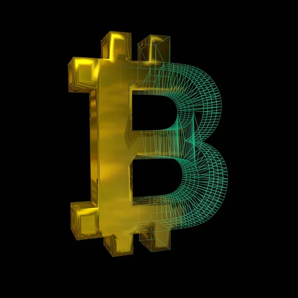 Signo Bitcoin Cuadrícula Verde Convierte Oro Sobre Fondo Negro Ilustración — Foto de Stock