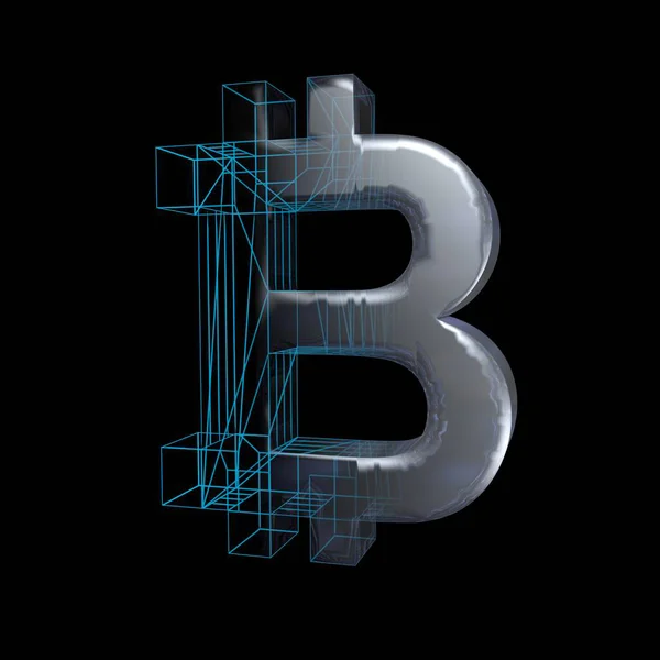 Bitcoin Signe Platine Argent Transforme Une Grille Bleue Sur Fond — Photo