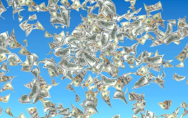 Latające Banknoty Dolara Izolowane Niebieskim Tle Pieniądze Lecą Powietrzu 100 — Zdjęcie stockowe