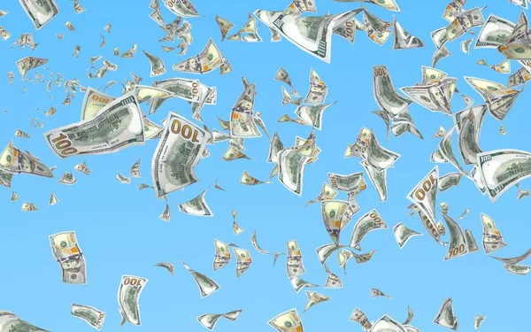 Банкноты Летающими Долларами Изолированы Синем Фоне Деньги Летят Воздухе 100 — стоковое фото