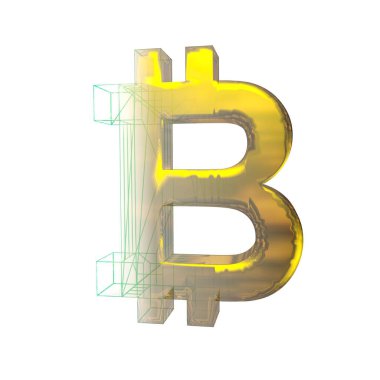 Bitcoin işareti, yeşil şebeke beyaz arka planda altına dönüşür. 3B illüstrasyon
