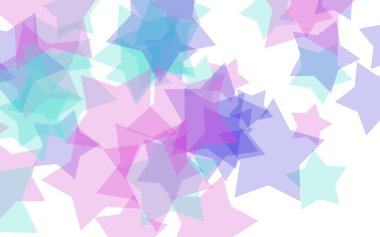 Beyaz arkaplanda çok renkli yarı saydam yıldızlar. Kırmızı tonlar. 3B illüstrasyon