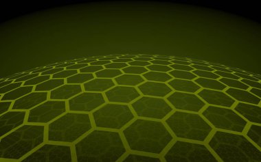 Bal peteklerinin çok katmanlı küresi, koyu arkaplanda sarı, sosyal ağ, bilgisayar ağı, teknoloji, küresel ağ. 3B illüstrasyon