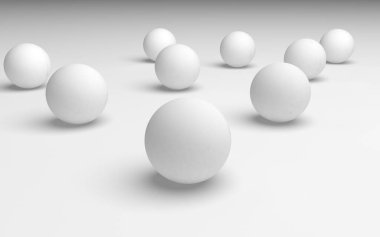 Beyaz soyut arka plan. Beyaz toplar beyaz arka planda izole edilmiş. 3B illüstrasyon