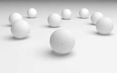 Beyaz soyut arka plan. Beyaz toplar beyaz arka planda izole edilmiş. 3B illüstrasyon