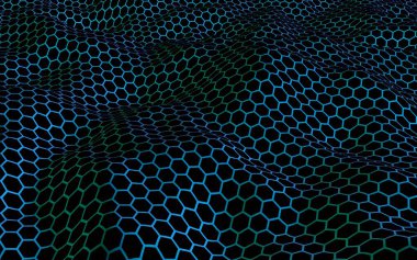 Petek mavi dalga etkisi koyu bir arka plan üzerinde. Çokgen in perspektif görünümü petek gibi görünüyor. Biyometrik geometri. 3d illüstrasyon