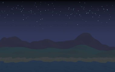 Yıldızlı aysız gökyüzü. Sahilde dalgalarla okyanus kıyısı. Dalgalar ile Ada plaj cenneti. Tatil, yaz, rahatlama. Deniz manzarası, deniz kıyısı. Minimalist manzara, ilkellik. 3d illüstrasyon