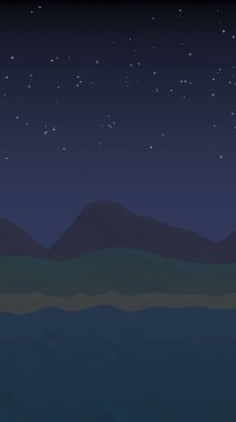 Yıldızlı aysız gökyüzü. Sahilde dalgalarla okyanus kıyısı. Dalgalar ile Ada plaj cenneti. Tatil, yaz, rahatlama. Deniz manzarası, deniz kıyısı. Minimalist manzara, ilkellik. 3d illüstrasyon